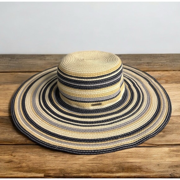 Nautica Women's Wide Brim Sun White Hat Blue  Tan Stripes OS Beach Cruise - Picture 1 of 7